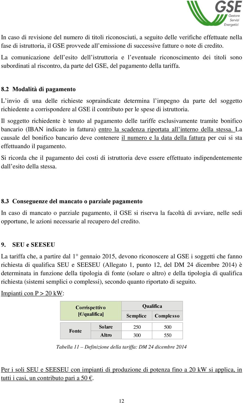 2 Modalità di pagamento L invio di una delle richieste sopraindicate determina l impegno da parte del soggetto richiedente a corrispondere al GSE il contributo per le spese di istruttoria.