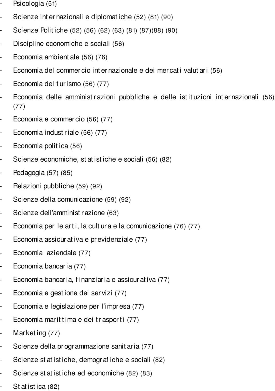 Economia e commercio (56) (77) - Economia industriale (56) (77) - Economia politica (56) - Scienze economiche, statistiche e sociali (56) (82) - Pedagogia (57) (85) - Relazioni pubbliche (59) (92) -