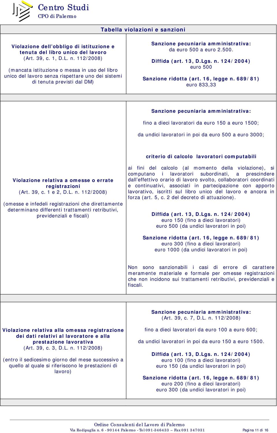 13, D.Lgs. n. 124/2004) euro 500 Sanzione ridotta (art. 16, legge n.