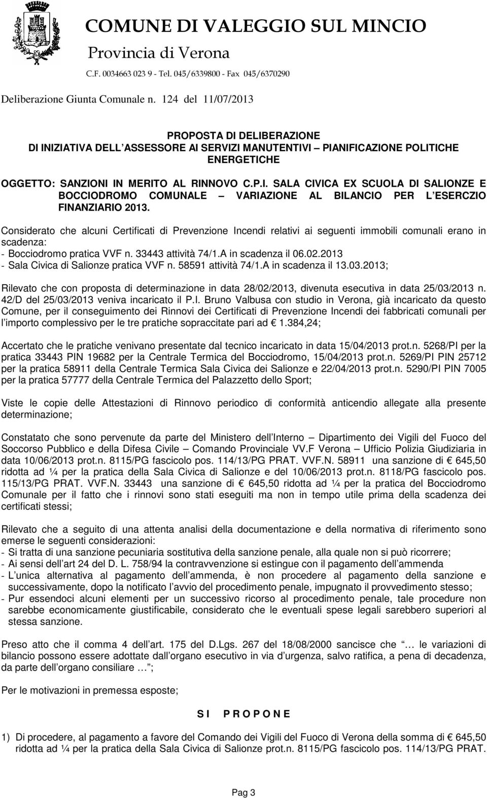 2013 - Sala Civica di Salionze pratica VVF n. 58591 attività 74/1.A in scadenza il 13.03.2013; Rilevato che con proposta di determinazione in data 28/02/2013, divenuta esecutiva in data 25/03/2013 n.