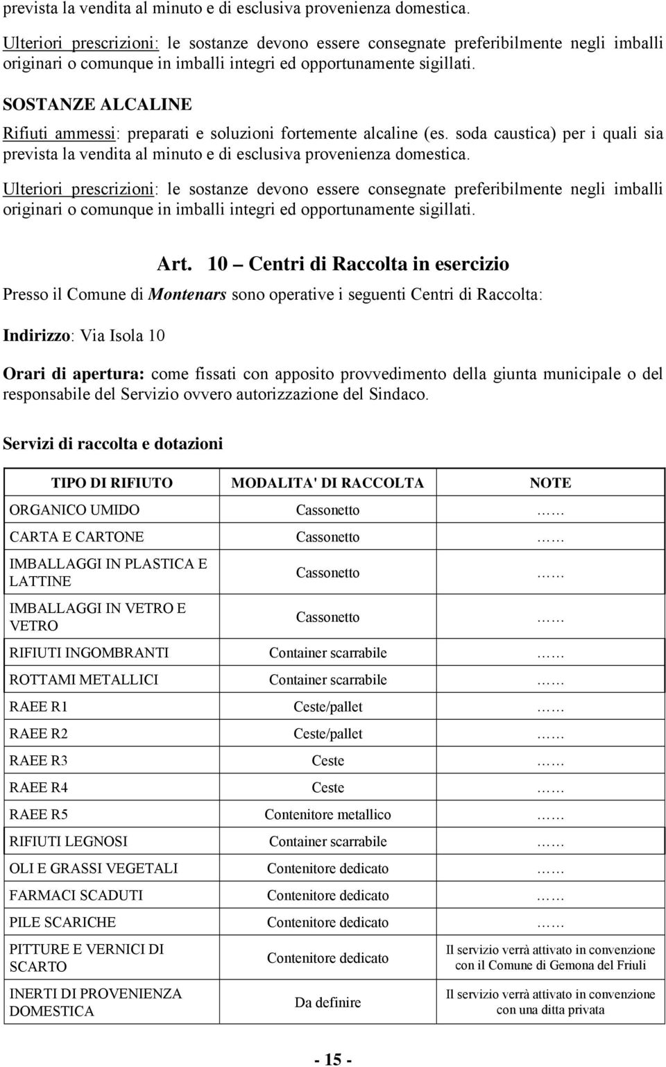 SOSTANZE ALCALINE Rifiuti ammessi: preparati e soluzioni fortemente alcaline (es. soda caustica) per i quali sia   Art.