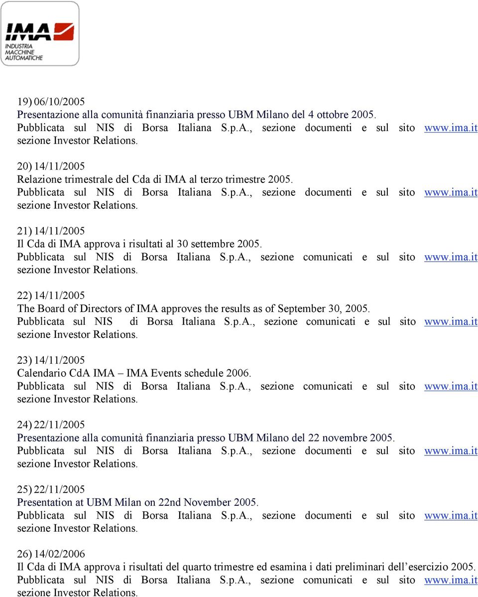 22) 14/11/2005 The Board of Directors of IMA approves the results as of September 30, 2005. 23) 14/11/2005 Calendario CdA IMA IMA Events schedule 2006.