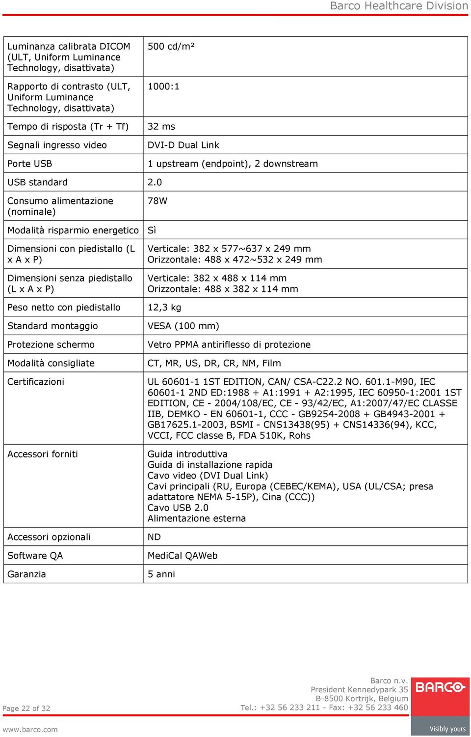 0 Consumo alimentazione (nominale) 78W Modalità risparmio energetico Dimensioni con piedistallo (L x A x P) Dimensioni senza piedistallo (L x A x P) Peso netto con piedistallo Standard montaggio