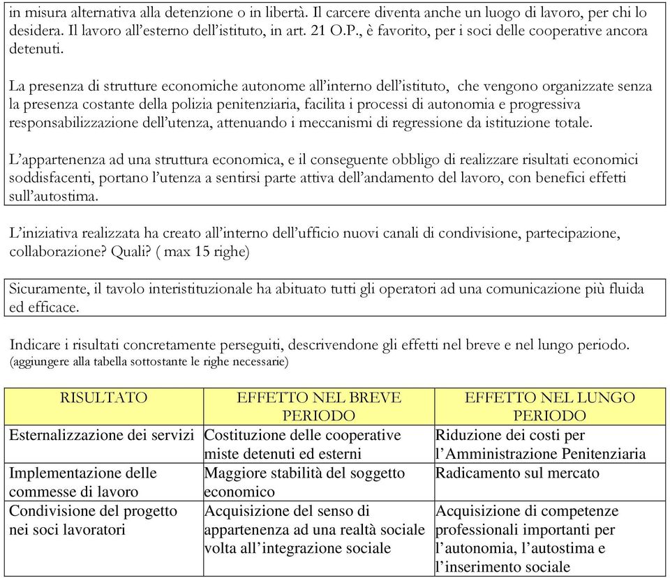 La presenza di strutture economiche autonome all interno dell istituto, che vengono organizzate senza la presenza costante della polizia penitenziaria, facilita i processi di autonomia e progressiva