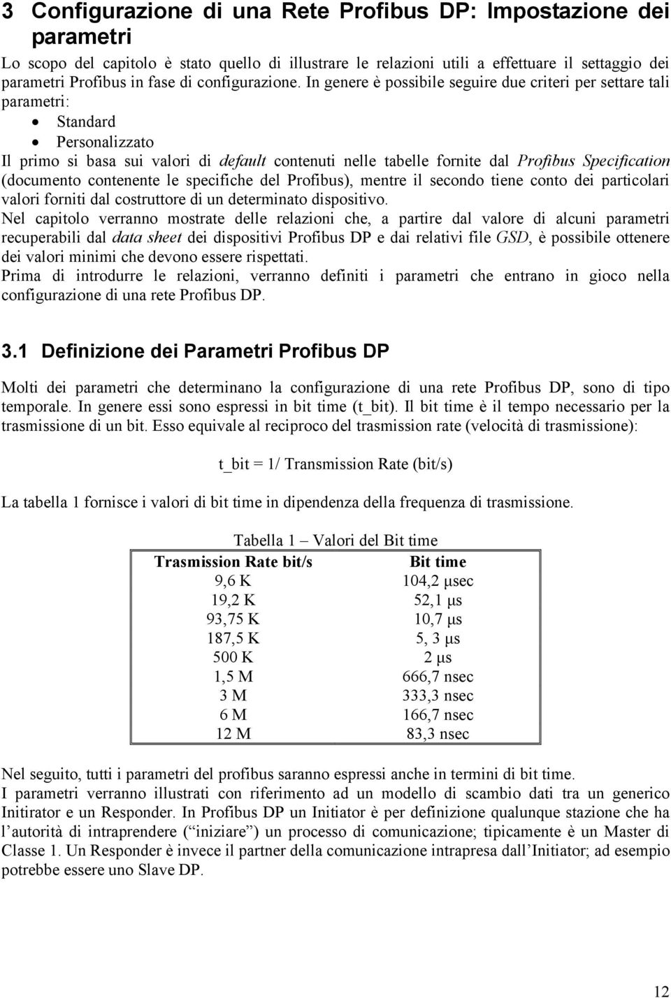 In genere è possibile seguire due criteri per settare tali parametri: Standard Personalizzato Il primo si basa sui valori di default contenuti nelle tabelle fornite dal Profibus Specification