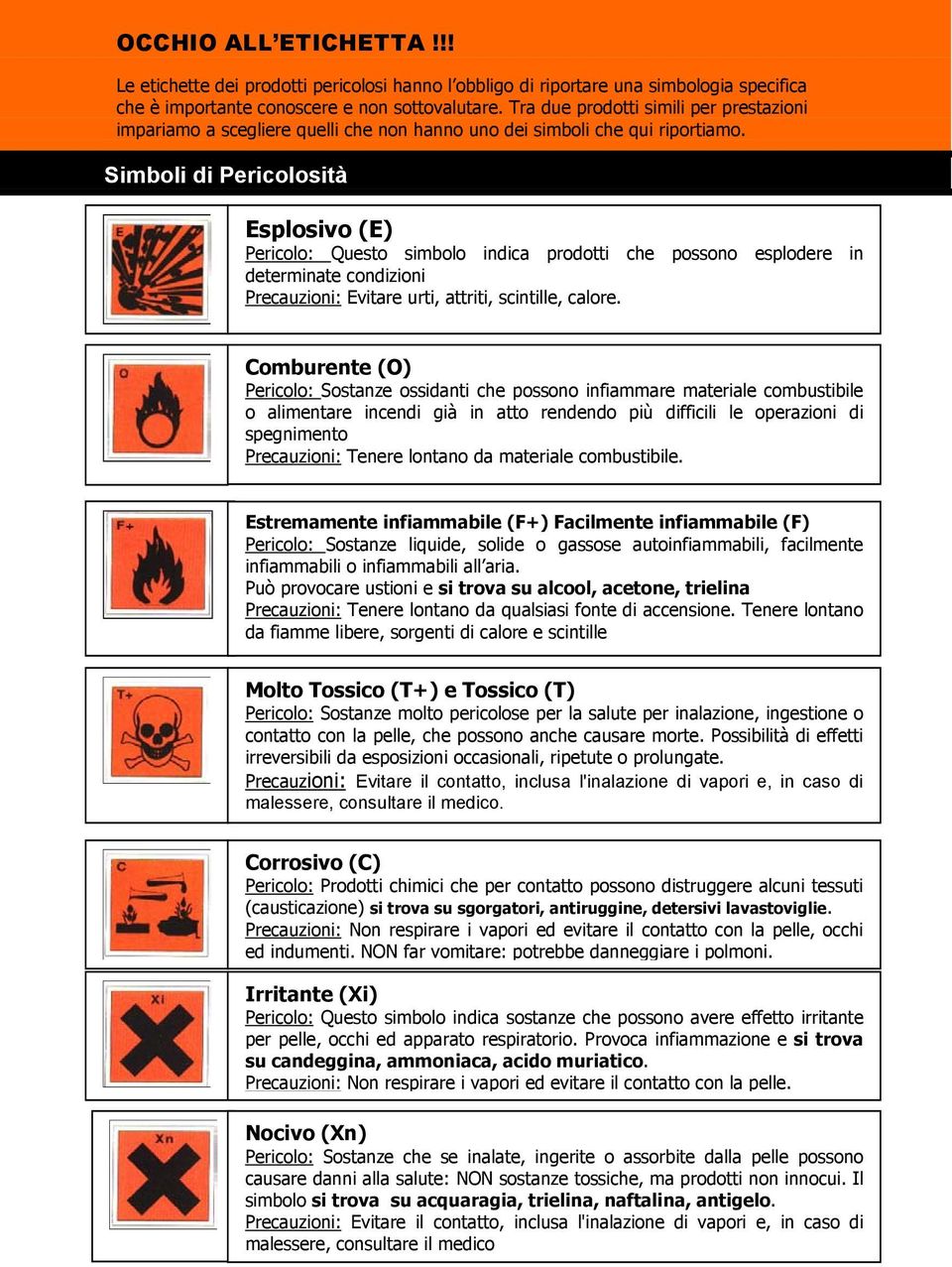 Simboli di Pericolosità Esplosivo (E) Pericolo: Questo simbolo indica prodotti che possono esplodere in determinate condizioni Precauzioni: Evitare urti, attriti, scintille, calore.