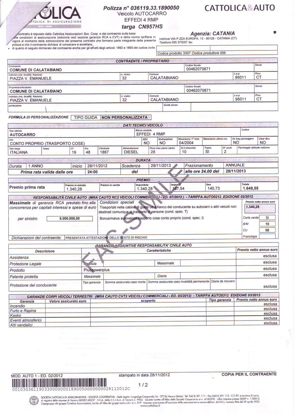 IIANUELE 32 CALATABIANO 95011 CT COiIIUNE DICALAIABANO 00462070871 PIAZZA V, EMANUELE 32 95011 CT F1RMUU ot personàlrziazrorve fttpocutpa AUTOCARRO TNoN FERsoNÀLEzaT I DAn técúct vétcolo EFFEDI 4