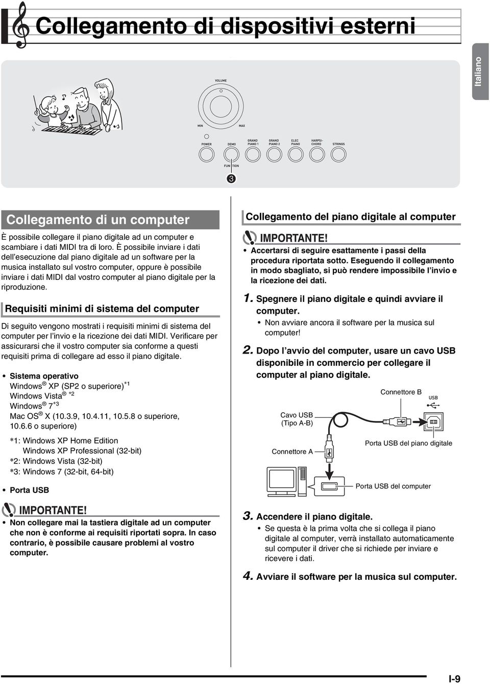 per la riproduzione. Requisiti minimi di sistema del computer Di seguito vengono mostrati i requisiti minimi di sistema del computer per l invio e la ricezione dei dati MIDI.