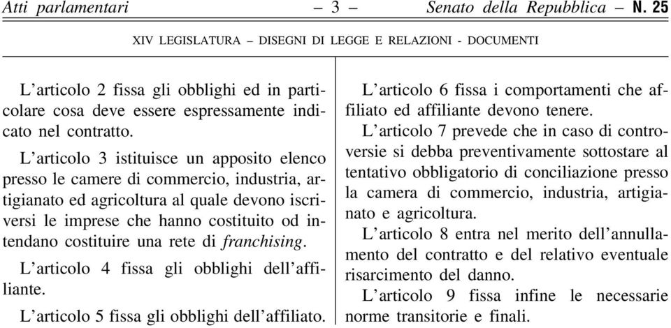 rete di franchising. L'articolo 4 fissa gli obblighi dell'affiliante. L'articolo 5 fissa gli obblighi dell'affiliato. L'articolo 6 fissa i comportamenti che affiliato ed affiliante devono tenere.