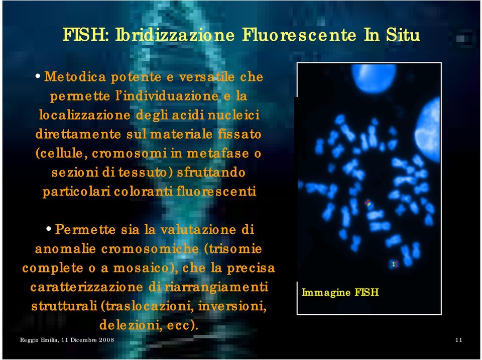 coloranti fluorescenti Permette sia la valutazione di anomalie cromosomiche (trisomie complete o a mosaico), che la precisa