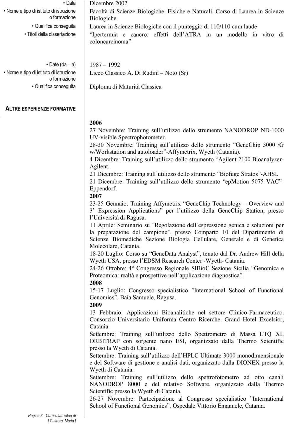 istituto di istruzione Liceo Classico A. Di Rudinì Noto (Sr) o formazione Qualifica conseguita Diploma di Maturità Classica.