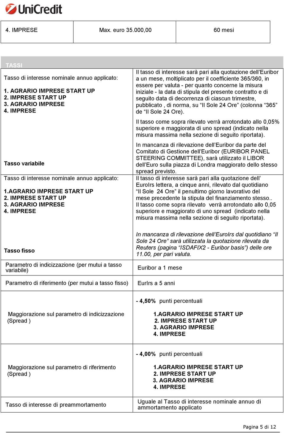 IMPRESE Il tasso di interesse sarà pari alla quotazione dell Euribor a un mese, moltiplicato per il coefficiente 365/360, in essere per valuta - per quanto concerne la misura iniziale - la data di