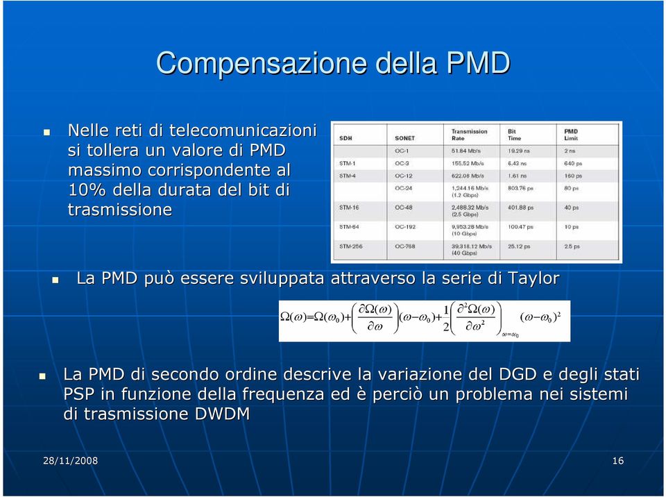 attraverso la serie di Taylor La PMD di secondo ordine descrive la variazione del DGD e degli