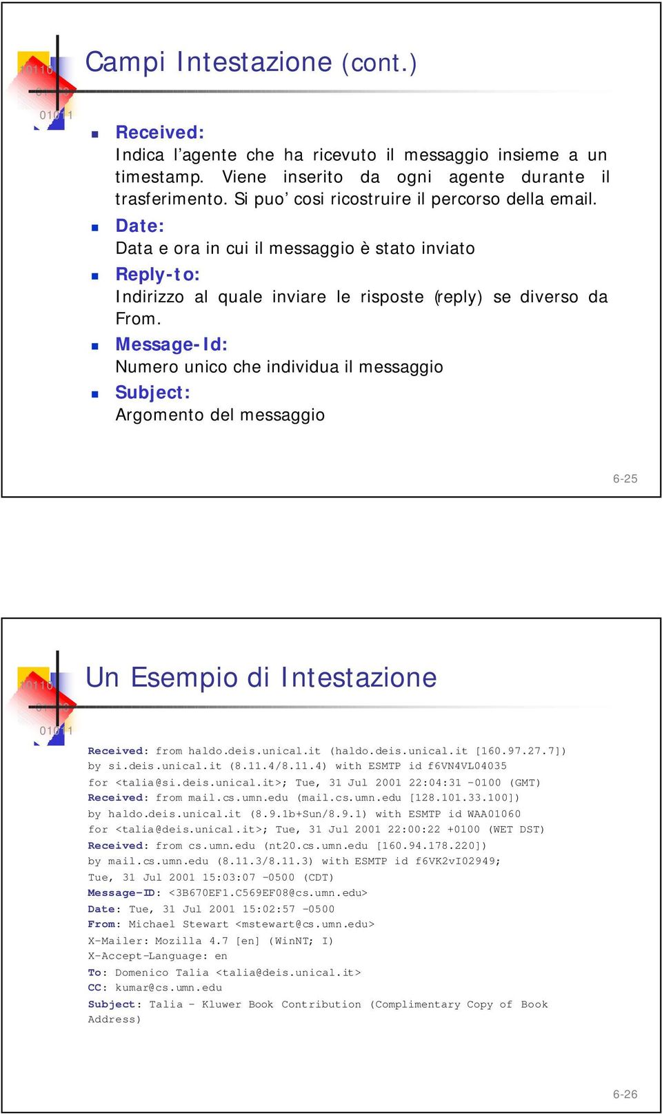 Message-Id: Numero unico che individua il messaggio Subject: Argomento del messaggio 6-25 Un Esempio di Intestazione Received: from haldo.deis.unical.it (haldo.deis.unical.it [160.97.27.7]) by si.