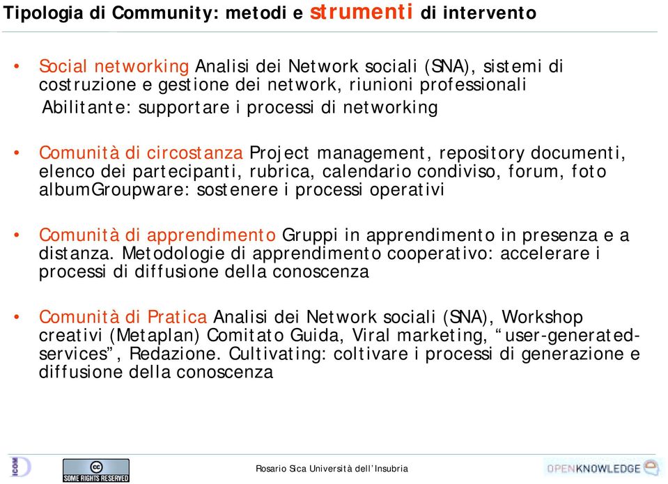 processi operativi Comunità di apprendimento Gruppi in apprendimento in presenza e a distanza.