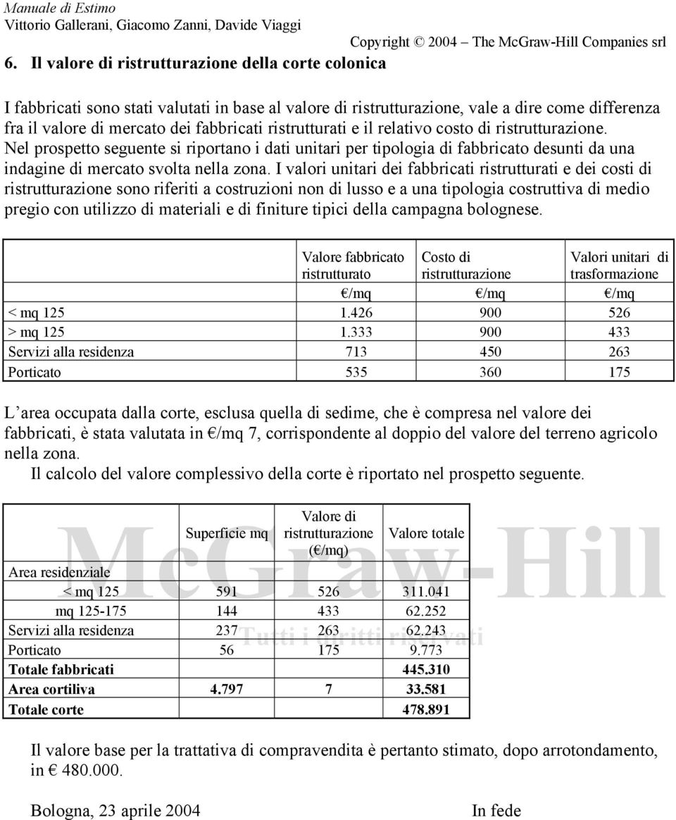 I valori unitari dei fabbricati ristrutturati e dei costi di ristrutturazione sono riferiti a costruzioni non di lusso e a una tipologia costruttiva di medio pregio con utilizzo di materiali e di