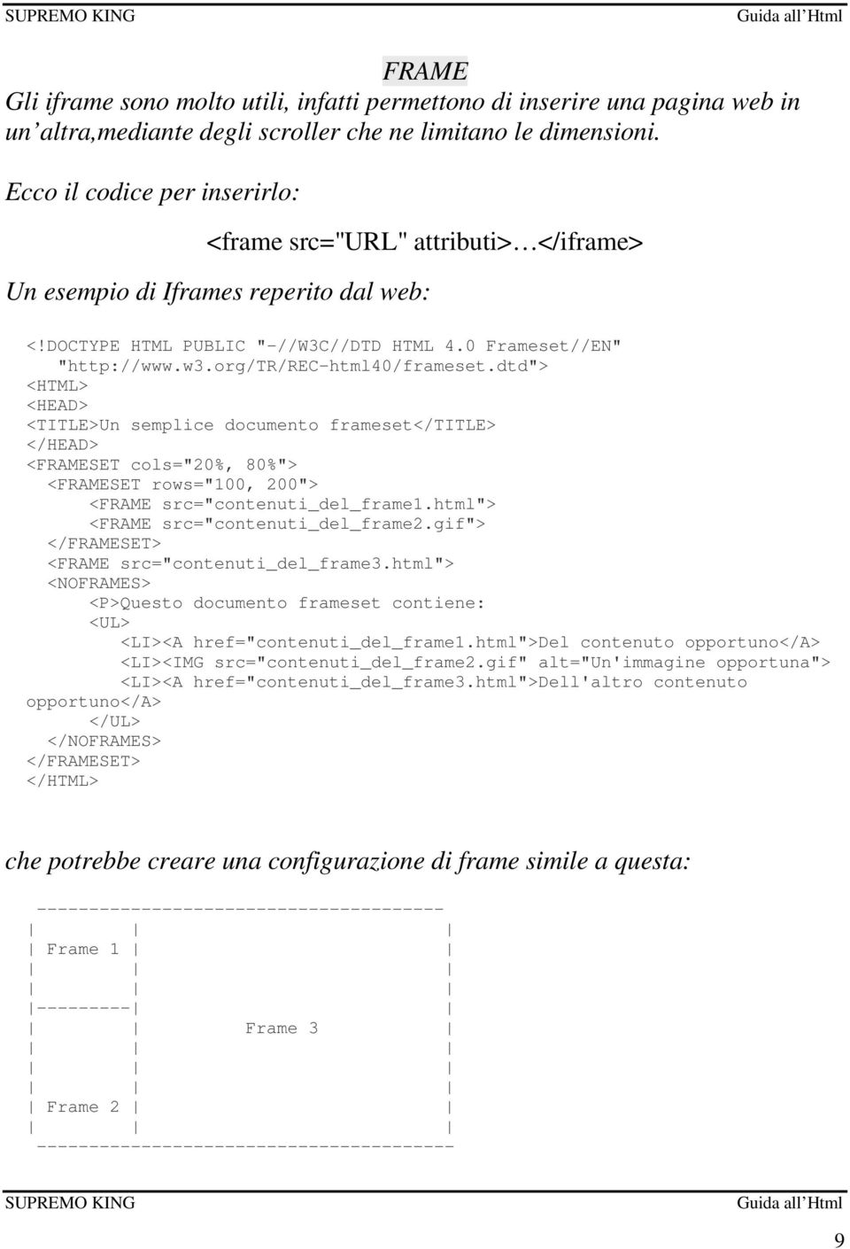 org/tr/rec-html40/frameset.dtd"> <HTML> <HEAD> <TITLE>Un semplice documento frameset</title> </HEAD> <FRAMESET cols="20%, 80%"> <FRAMESET rows="100, 200"> <FRAME src="contenuti_del_frame1.