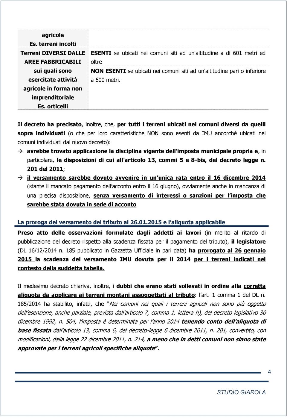 Il decreto ha precisato, inoltre, che, per tutti i terreni ubicati nei comuni diversi da quelli sopra individuati (o che per loro caratteristiche NON sono esenti da IMU ancorché ubicati nei comuni