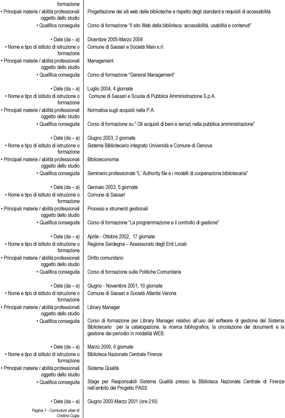 A. Corso di su Gli acquisti di beni e servizi nella pubblica amministrazione Giugno 2003, 2 giornate Sistema Bibliotecario integrato Università e Comune di Genova Biblioteconomia Seminario