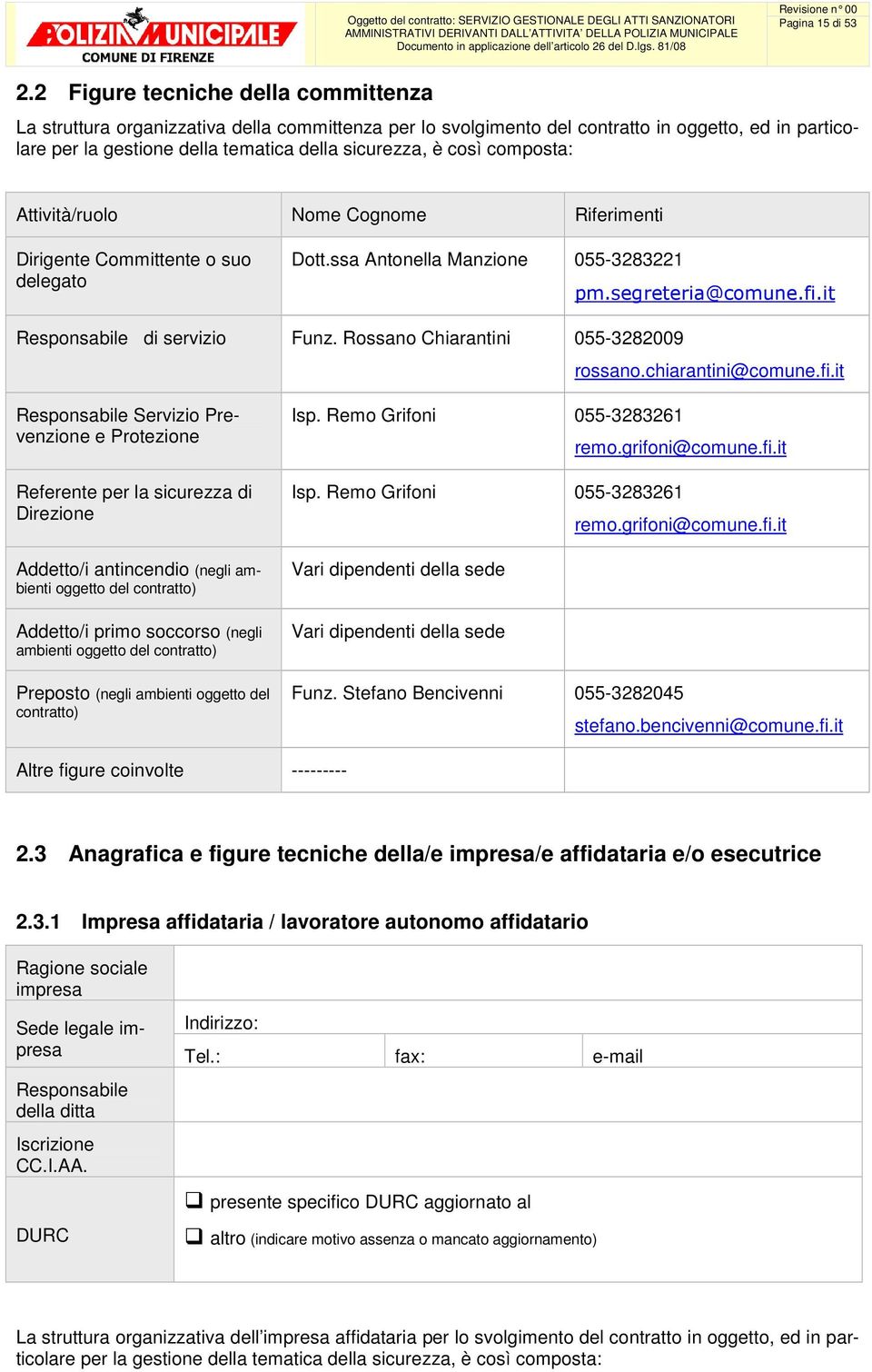 composta: Attività/ruolo Nome Cognome Riferimenti Dirigente Committente o suo delegato Dott.ssa Antonella Manzione 055-3283221 pm.segreteria@comune.fi.it Responsabile di servizio Funz.