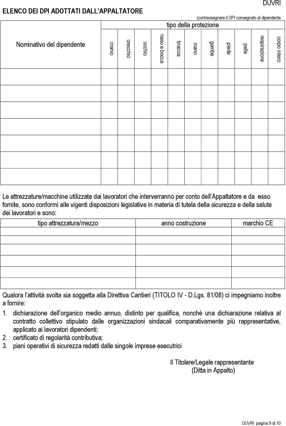 legislative in materia di tutela della sicurezza e della salute dei lavoratori e sono: tipo attrezzatura/mezzo anno costruzione marchio CE Qualora l attività svolta sia soggetta alla Direttiva