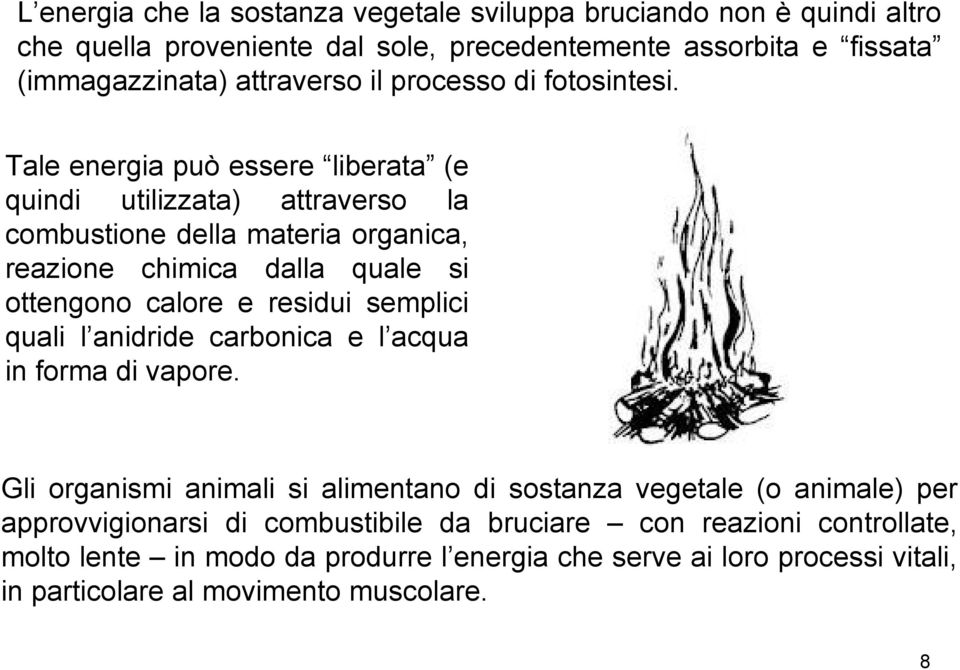 Tale energia può essere liberata (e quindi utilizzata) attraverso la combustione della materia organica, reazione chimica dalla quale si ottengono calore e residui