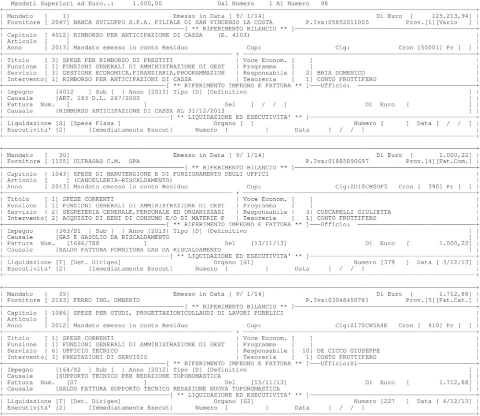 [ ] Servizio [ 3] GESTIONE ECONOMICA,FINANZIARIA,PROGRAMMAZION Responsabile [ 2] BRIA DOMENICO Intervento[ 1] RIMBORSO PER ANTICIPAZIONI DI CASSA Tesoreria [ 1] CONTO FRUTTIFERO + [ ** RIFERIMENTO