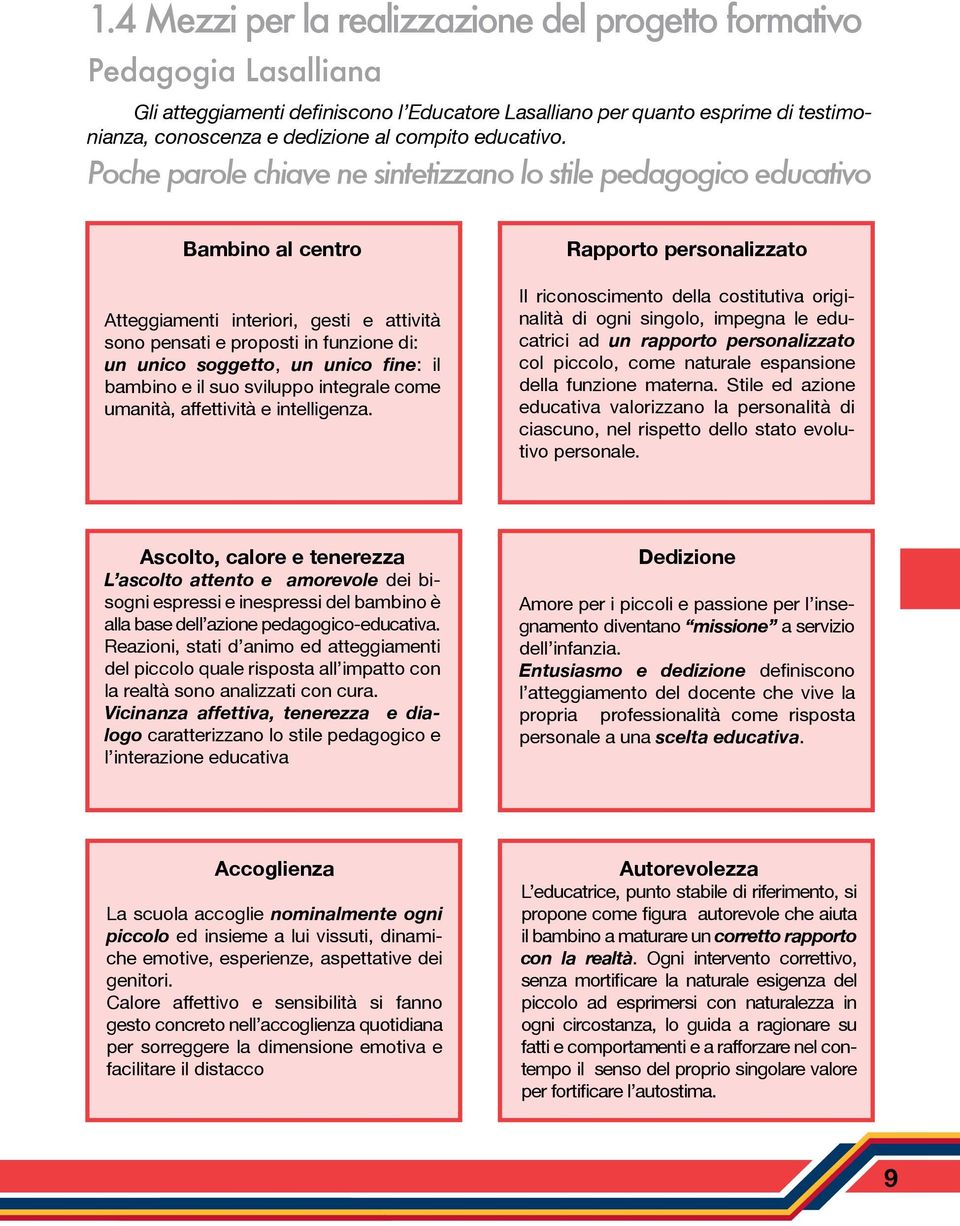 Poche parole chiave ne sintetizzano lo stile pedagogico educativo Bambino al centro Atteggiamenti interiori, gesti e attività sono pensati e proposti in funzione di: un unico soggetto, un unico fine: