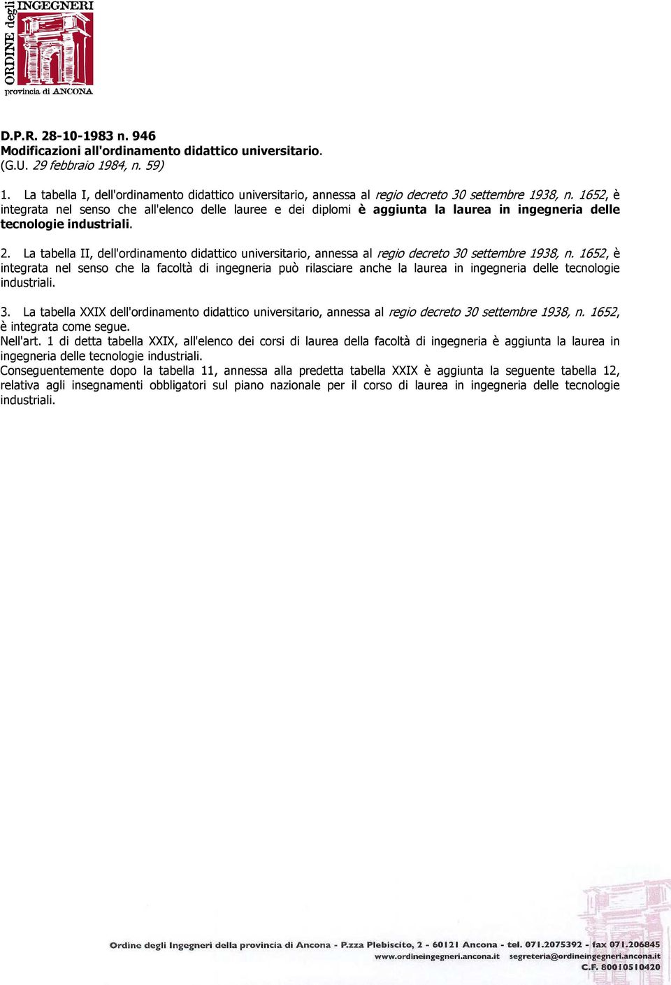 1652, è integrata nel senso che all'elenco delle lauree e dei diplomi è aggiunta la laurea in ingegneria delle tecnologie industriali. 2.