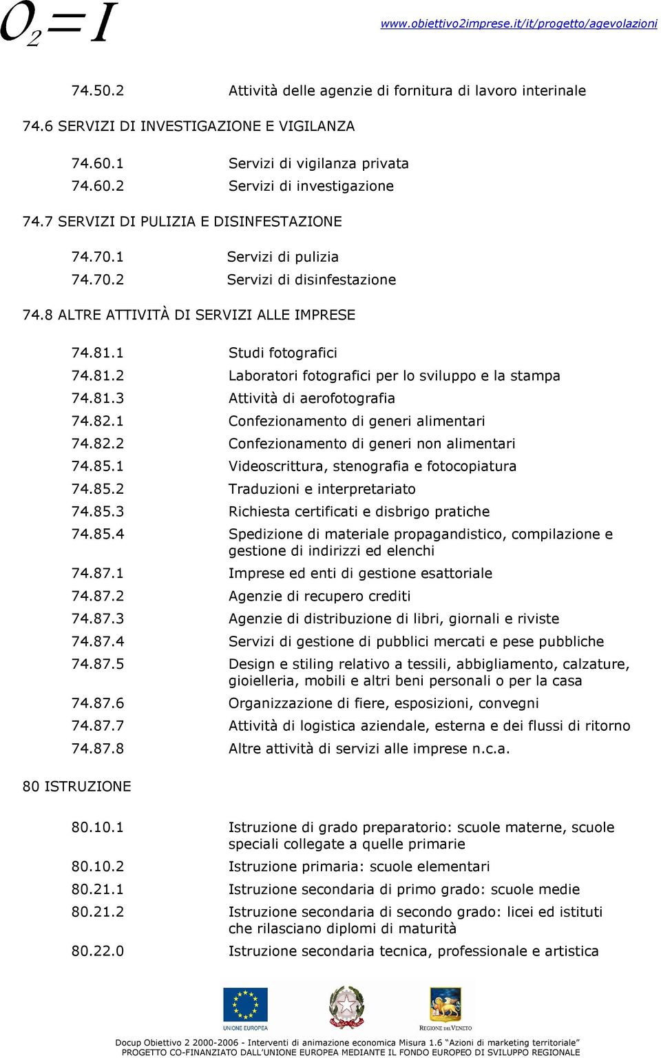 1 Studi fotografici 74.81.2 Laboratori fotografici per lo sviluppo e la stampa 74.81.3 Attività di aerofotografia 74.82.1 Confezionamento di generi alimentari 74.82.2 Confezionamento di generi non alimentari 74.