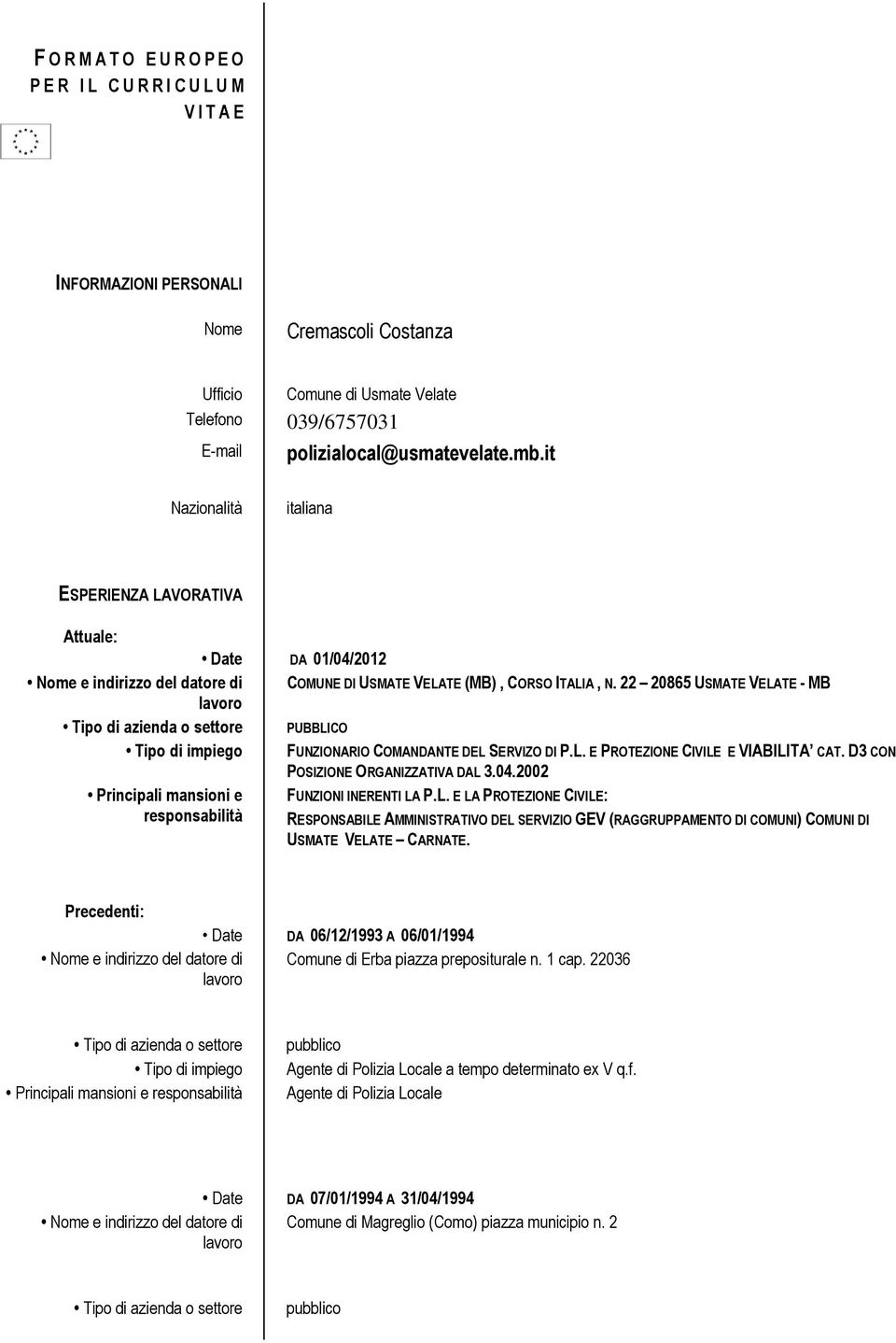 22 20865 USMATE VELATE - MB PUBBLICO Tipo di impiego FUNZIONARIO COMANDANTE DEL SERVIZO DI P.L. E PROTEZIONE CIVILE E VIABILITA CAT. D3 CON POSIZIONE ORGANIZZATIVA DAL 3.04.