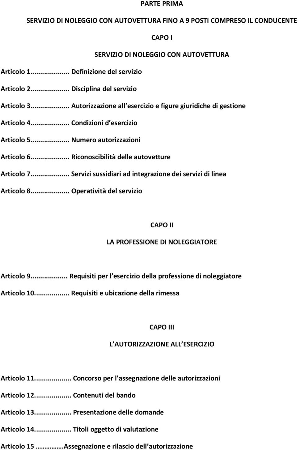 .. Riconoscibilità delle autovetture Articolo 7... Servizi sussidiari ad integrazione dei servizi di linea Articolo 8... Operatività del servizio CAPO II LA PROFESSIONE DI NOLEGGIATORE Articolo 9.