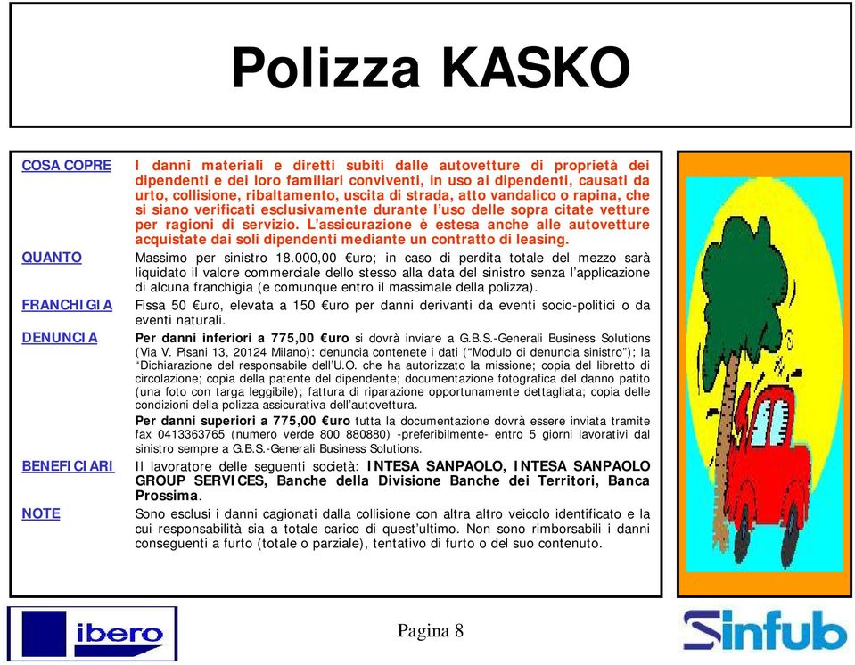 L assicurazione è estesa anche alle autovetture acquistate dai soli dipendenti mediante un contratto di leasing. QUANTO Massimo per sinistro 18.