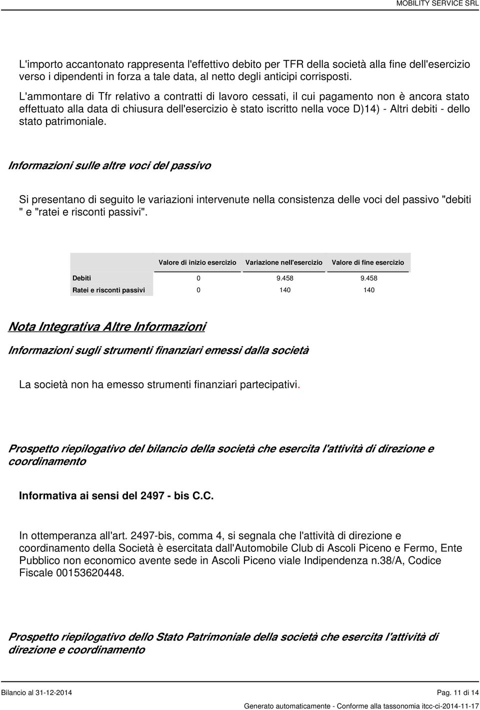 stato patrimoniale. Informazioni sulle altre voci del passivo Si presentano di seguito le variazioni intervenute nella consistenza delle voci del passivo "debiti " e "ratei e risconti passivi".