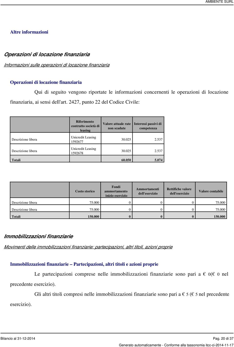 2427, punto 22 del Codice Civile: Riferimento contratto società di leasing Valore attuale rate non scadute Interessi passivi di competenza Descrizione libera Descrizione libera Unicredit Leasing