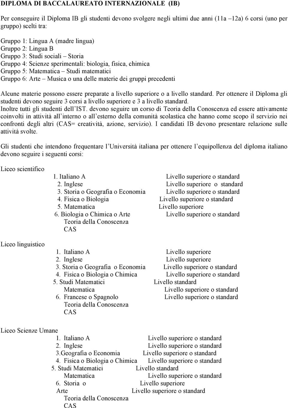 gruppi precedenti Alcune materie possono essere preparate a livello superiore o a livello standard.