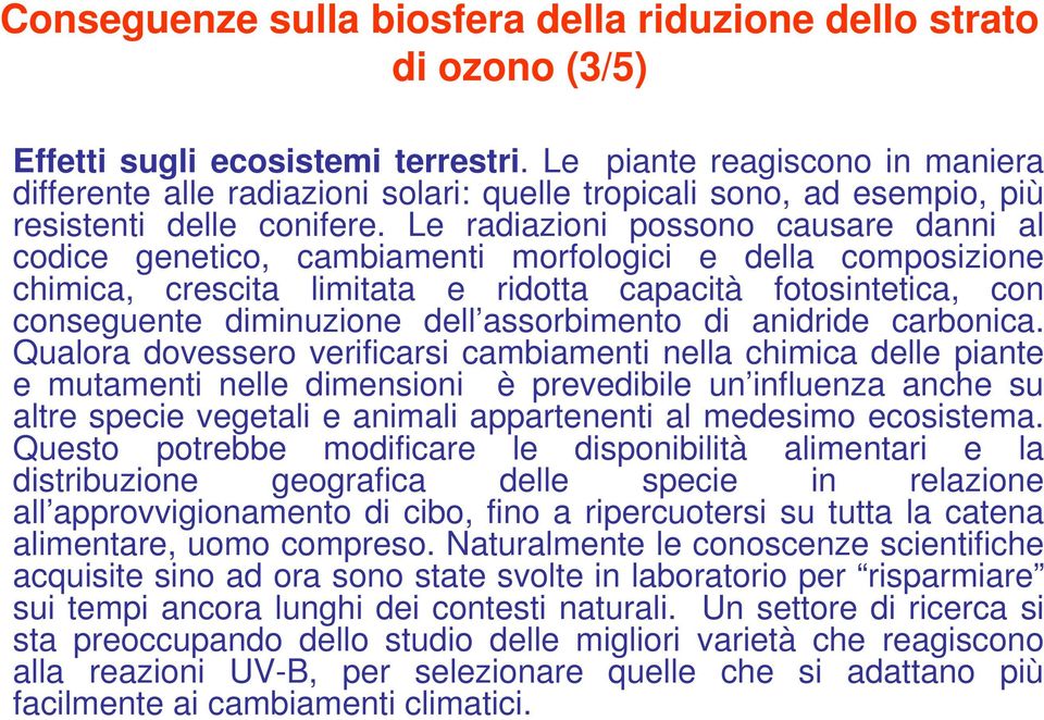 Le radiazioni possono causare danni al codice genetico, cambiamenti morfologici e della composizione chimica, crescita limitata e ridotta capacità fotosintetica, con conseguente diminuzione dell