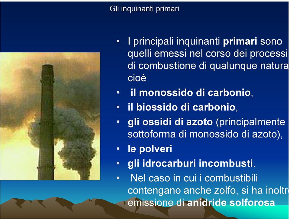 di azoto (principalmente sottoforma di monossido di azoto), le polveri gli idrocarburi incombusti.