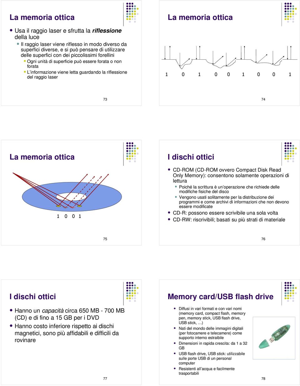 memoria ottica I dischi ottici 1 0 0 1 CD-ROM (CD-ROM ovvero Compact Disk Read Only Memory): consentono solamente operazioni di lettura Poiché la scrittura è un operazione che richiede delle