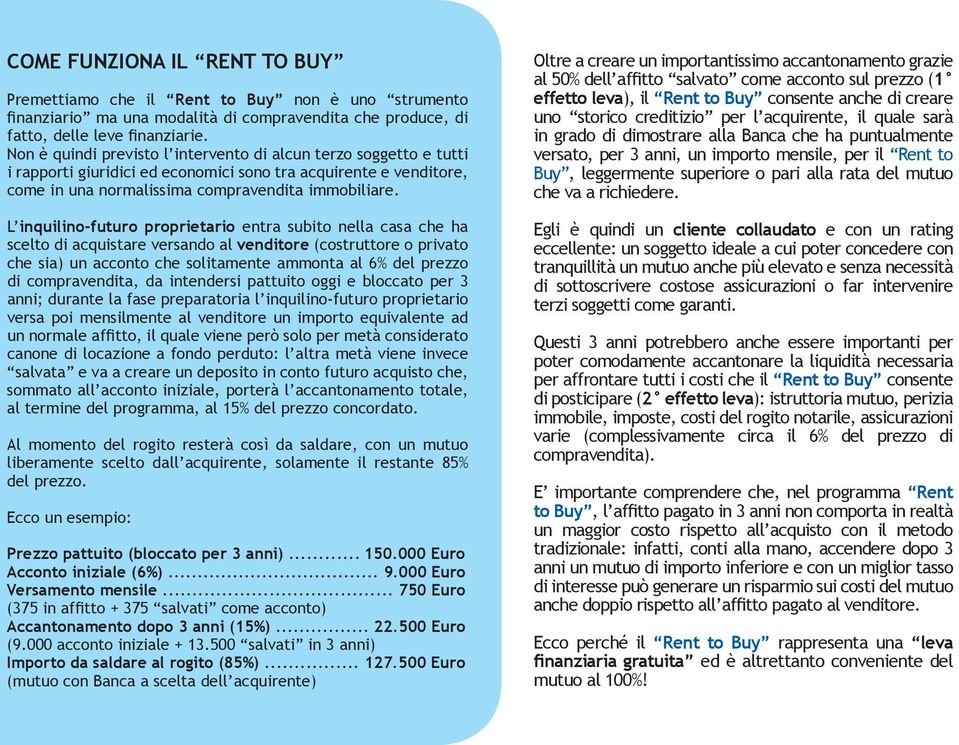 L inquilino-futuro proprietario entra subito nella casa che ha scelto di acquistare versando al venditore (costruttore o privato che sia) un acconto che solitamente ammonta al 6% del prezzo di