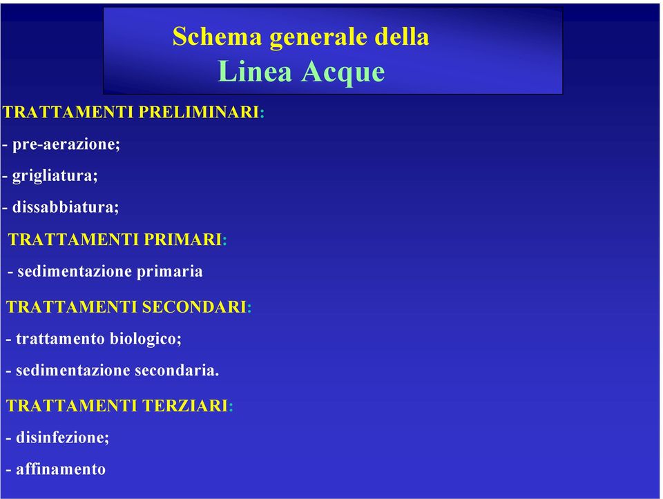 TRATTAMENTI SECONDARI: - trattamento biologico; - sedimentazione