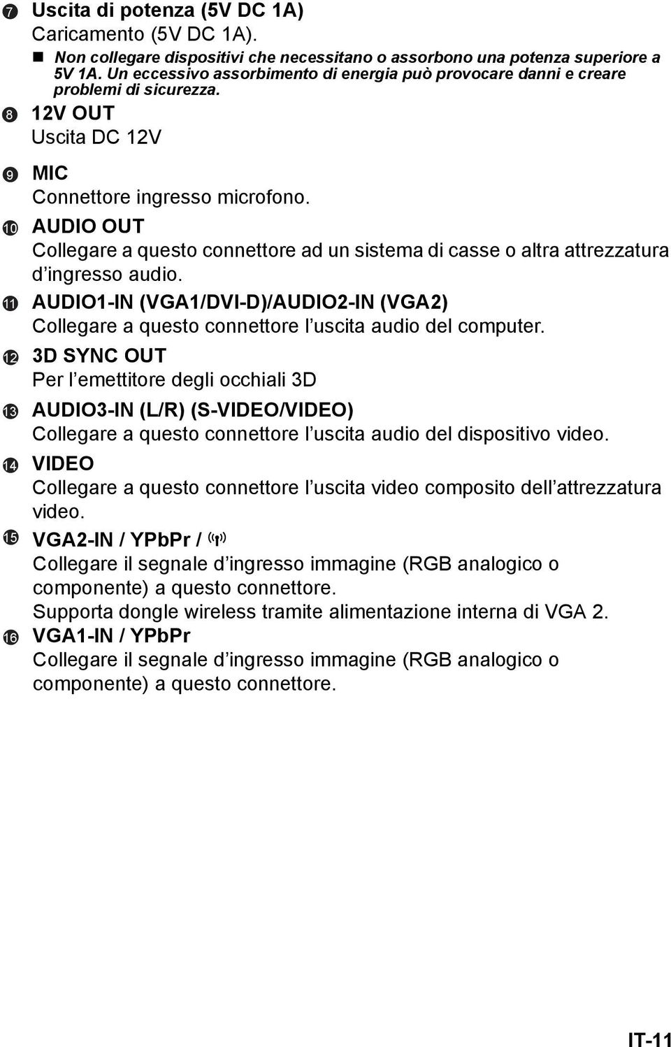 AUDIO OUT Collegare a questo connettore ad un sistema di casse o altra attrezzatura d ingresso audio. AUDIO1-IN (VGA1/DVI-D)/AUDIO2-IN (VGA2) Collegare a questo connettore l uscita audio del computer.