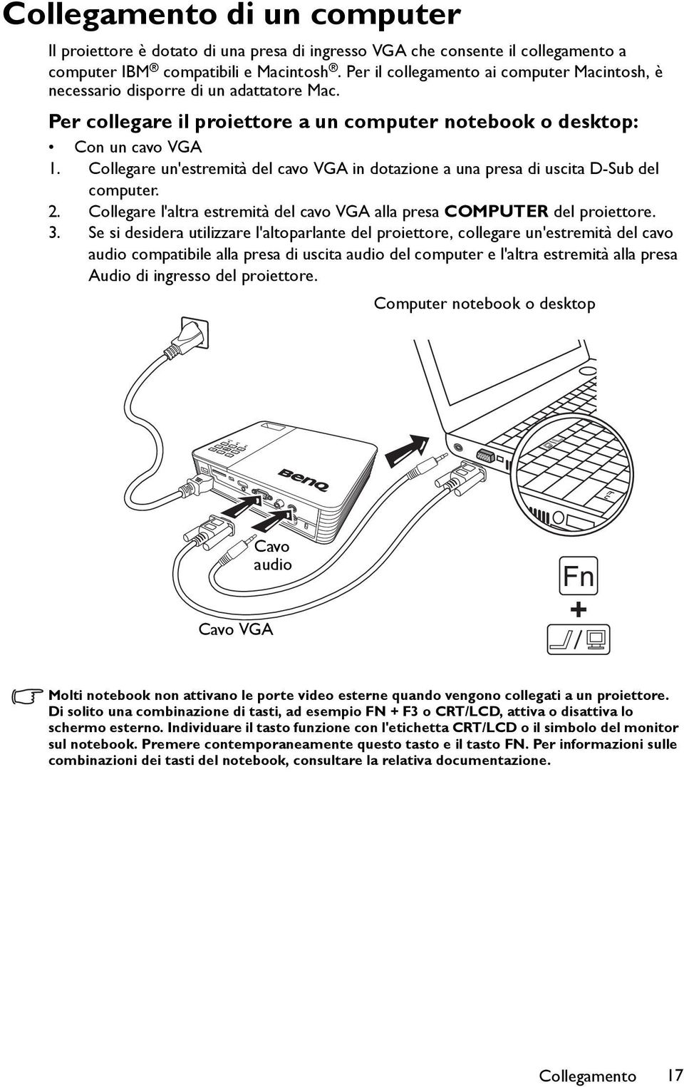 Collegare un'estremità del cavo VGA in dotazione a una presa di uscita D-Sub del computer. 2. Collegare l'altra estremità del cavo VGA alla presa COMPUTER del proiettore. 3.