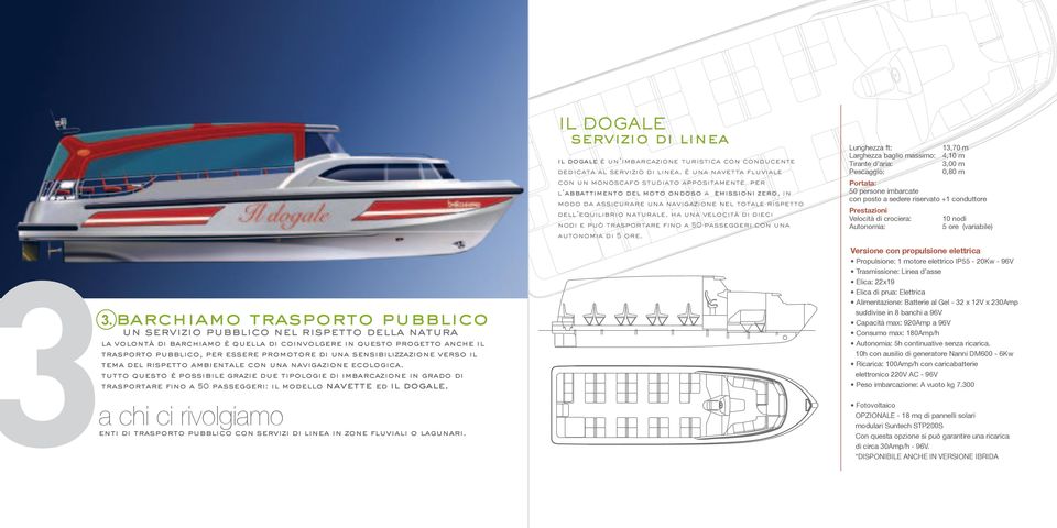 ha una velocità di dieci nodi e può trasportare fino a 50 passeggeri con una autonomia di 5 ore.