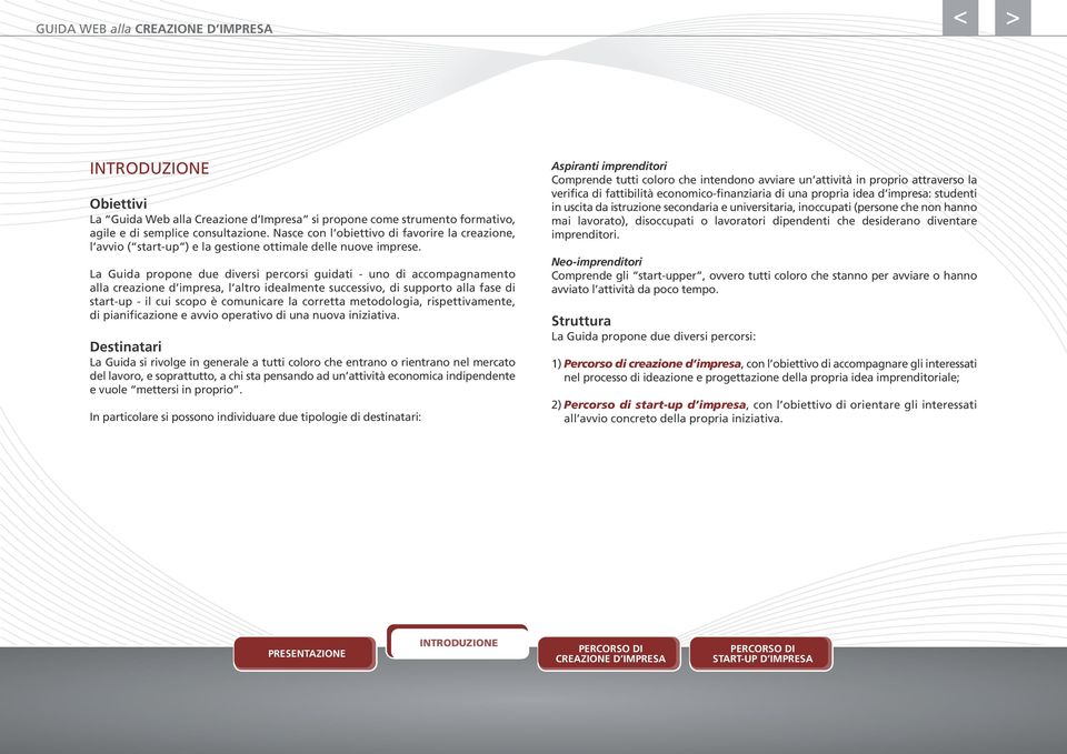 La Guida propone due diversi percorsi guidati - uno di accompagnamento alla creazione d impresa, l altro idealmente successivo, di supporto alla fase di start-up - il cui scopo è comunicare la