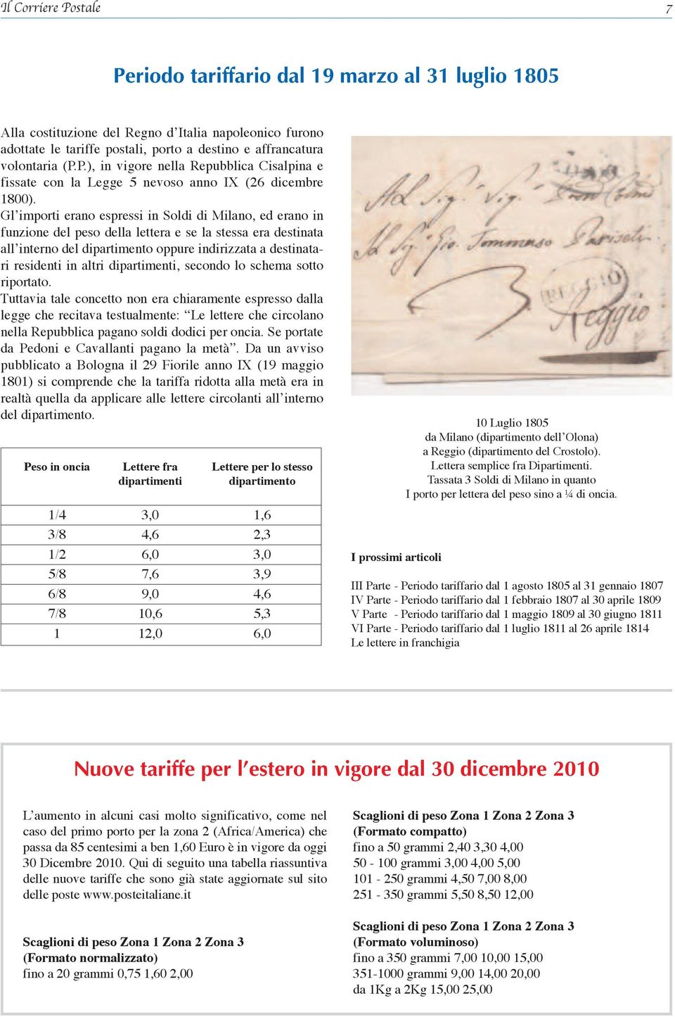 Gl importi erano espressi in Soldi di Milano, ed erano in funzione del peso della lettera e se la stessa era destinata all interno del dipartimento oppure indirizzata a destinatari residenti in altri