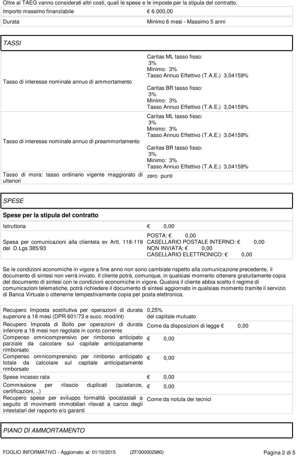 maggiorato di ulteriori Caritas ML tasso fisso: Minimo: Caritas BR tasso fisso: Minimo: Caritas ML tasso fisso: Minimo: Caritas BR tasso fisso: Minimo: zero punti SPESE Spese per la stipula del