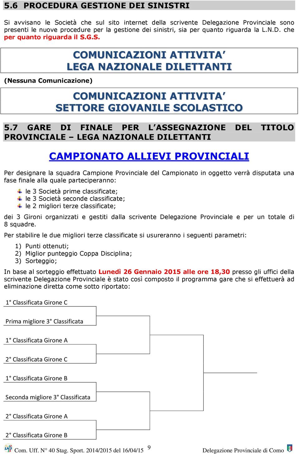 7 GARE DI FINALE PER L ASSEGNAZIONE DEL TITOLO PROVINCIALE LEGA NAZIONALE DILETTANTI CAMPIONATO ALLIEVI PROVINCIALI Per designare la squadra Campione Provinciale del Campionato in oggetto verrà