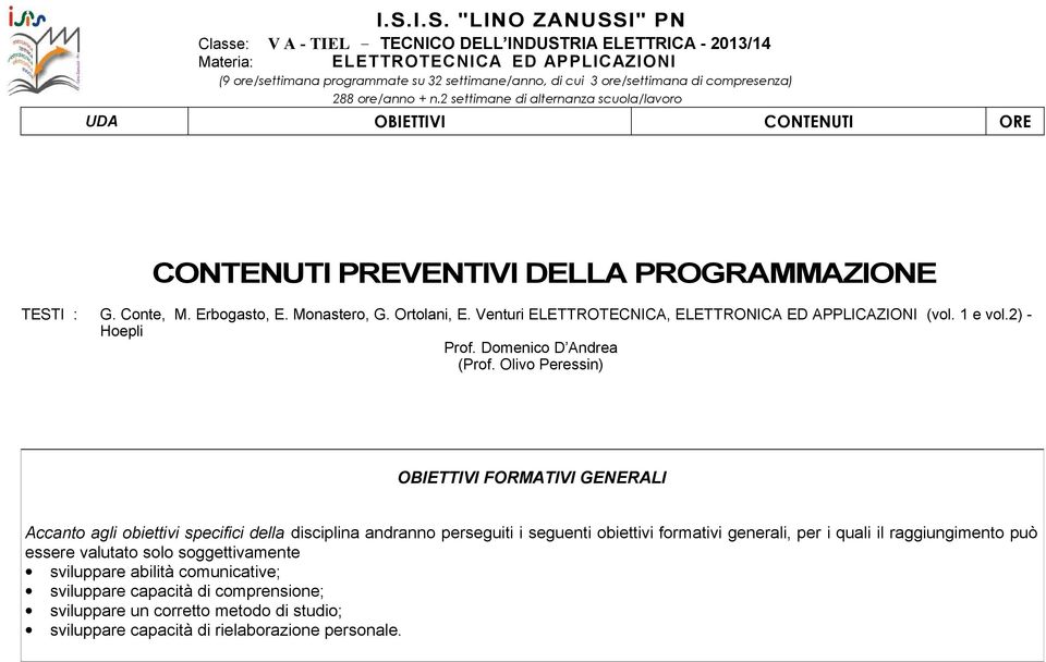 Olivo Peressin) OBIETTIVI FORMATIVI GENERALI Accanto agli obiettivi specifici della disciplina andranno perseguiti i seguenti obiettivi formativi