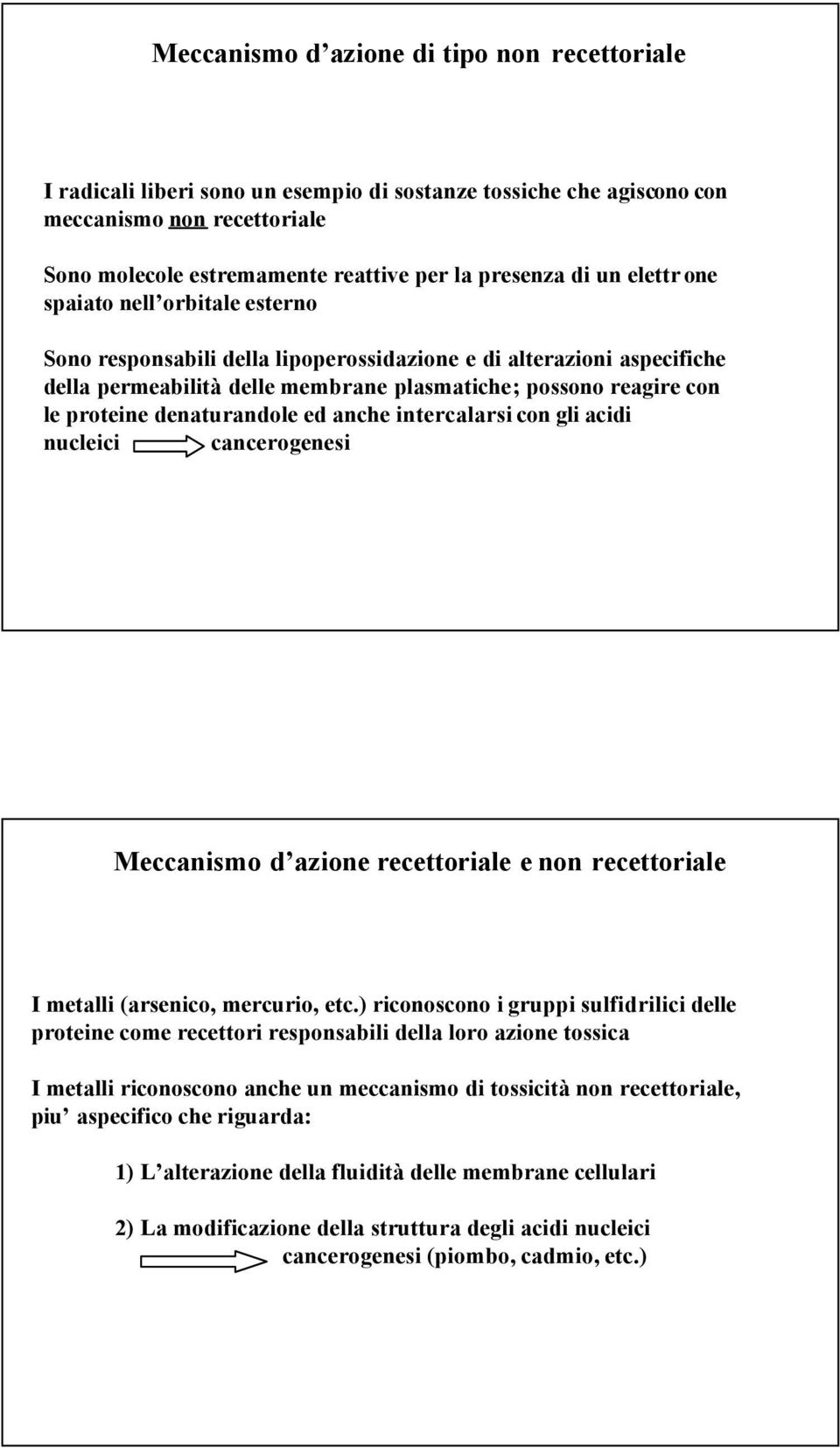 denaturandole ed anche intercalarsi con gli acidi nucleici cancerogenesi Meccanismo d azione recettoriale e non recettoriale I metalli (arsenico, mercurio, etc.